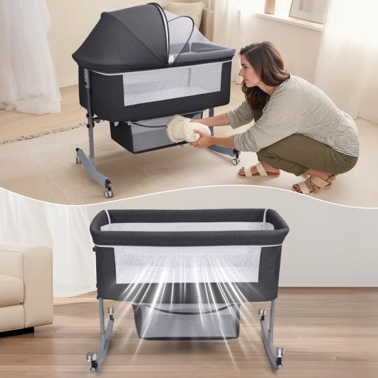 Culla da comodino multifunzione 3 in 1 con cesto portaoggetti, Culla per neonati regolabile in altezza su 6 livelli con zanzariera, Convertibile portatile per neonati