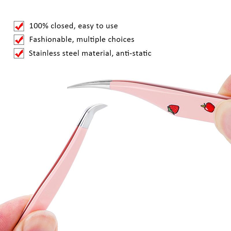 Pink Strawberry Tweezers False Eyelashes Grafting Tweezers High Precision Stainless Steel Eyelash Tweezers Color Hand Account Tweezers