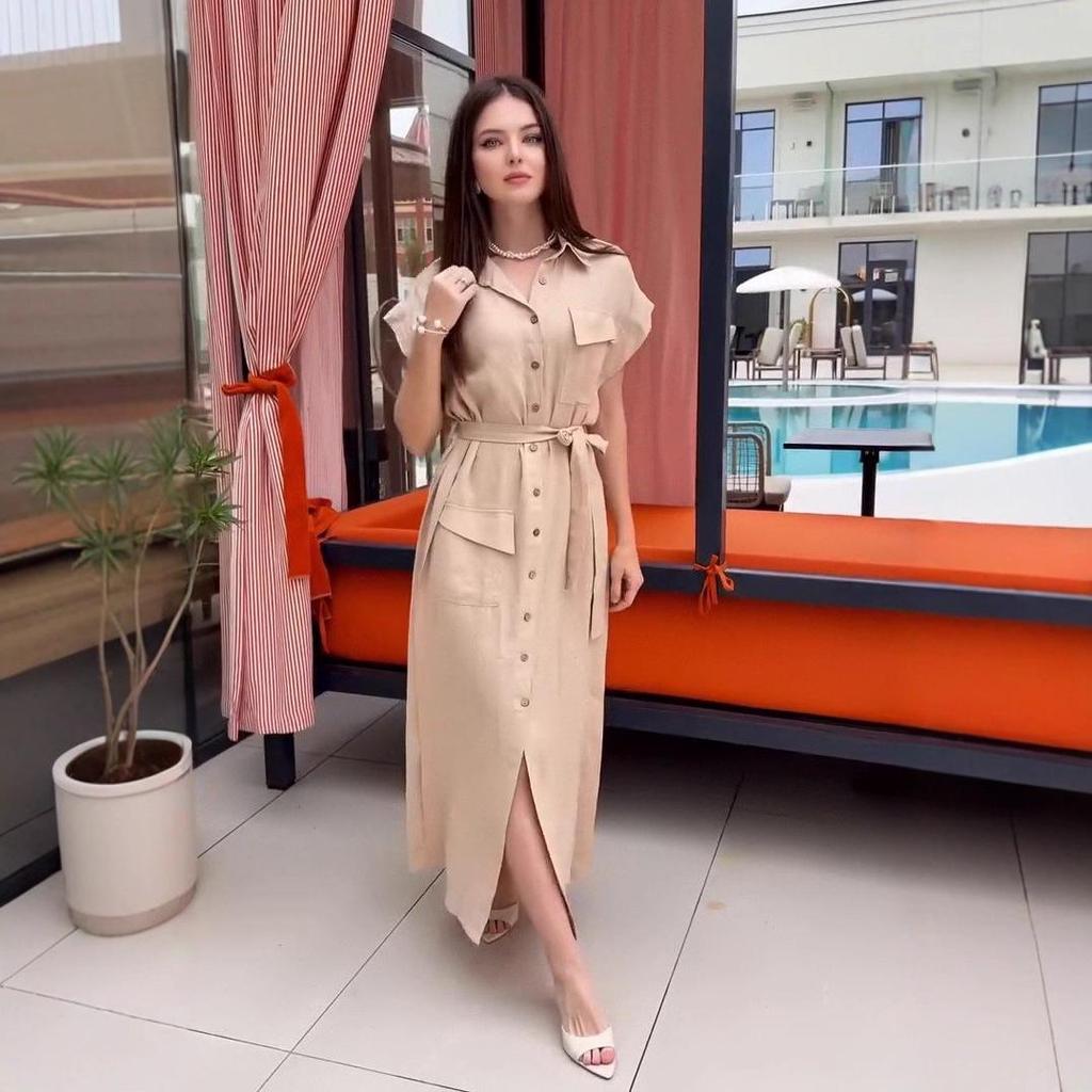 2025 Summer Women's Slimming Tie Waist Dress with Multi-button Design