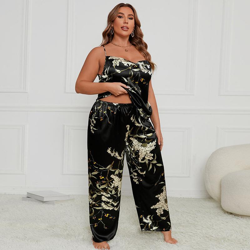 Large Size Camisole Sling+Pants Pajamas Women Summer Bathrobe Sexy Dressing Gown Home Dress Ice Silk Homewear Suit