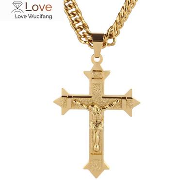 Colar com pingente de cruz de Cristo Jesus em tom dourado, corrente de rolo de elos de aço inoxidável, joias pesadas para presente masculino