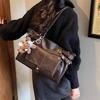 Vintage Tote Bag Women Luxury Belt Buckle Design Multipockets Shoulder Crossbody Bag Large Capacity Casual Handbag With Pendant