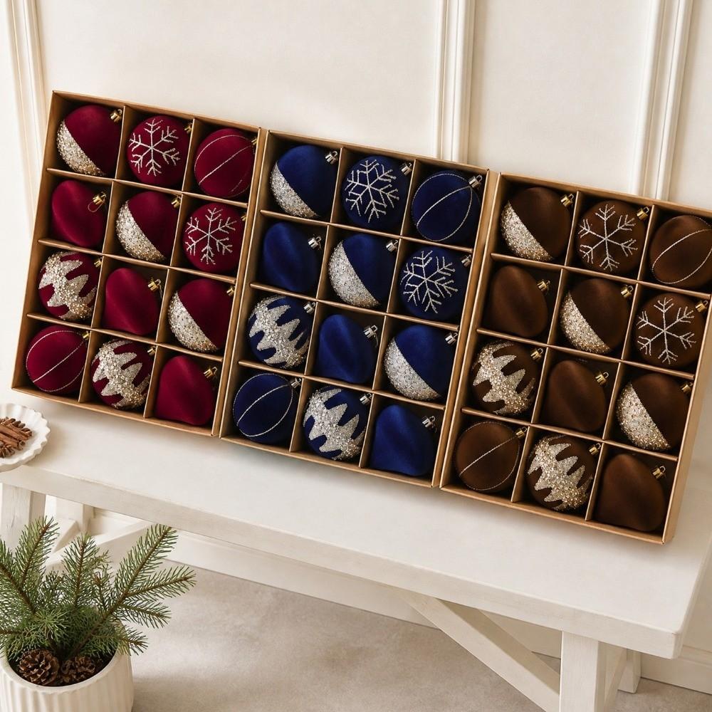 12Pcs Glitter Christmas Baubles Ornament Plastic Flocked Ball Gift Box New Year