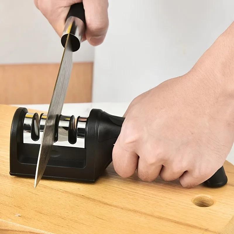 Kitchen Knife Sharpener 3 Stages Type Quick Sharpening Tool Multi-Functional Black Knives Sharpening Stone With Non-slip Base