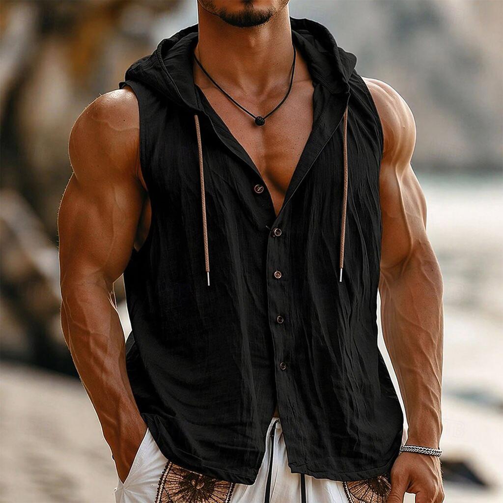 Men Sleeveless Hooded Vest Button Front Linen Cotton Blend Casual Lightweight Summer Shirt Outerwear