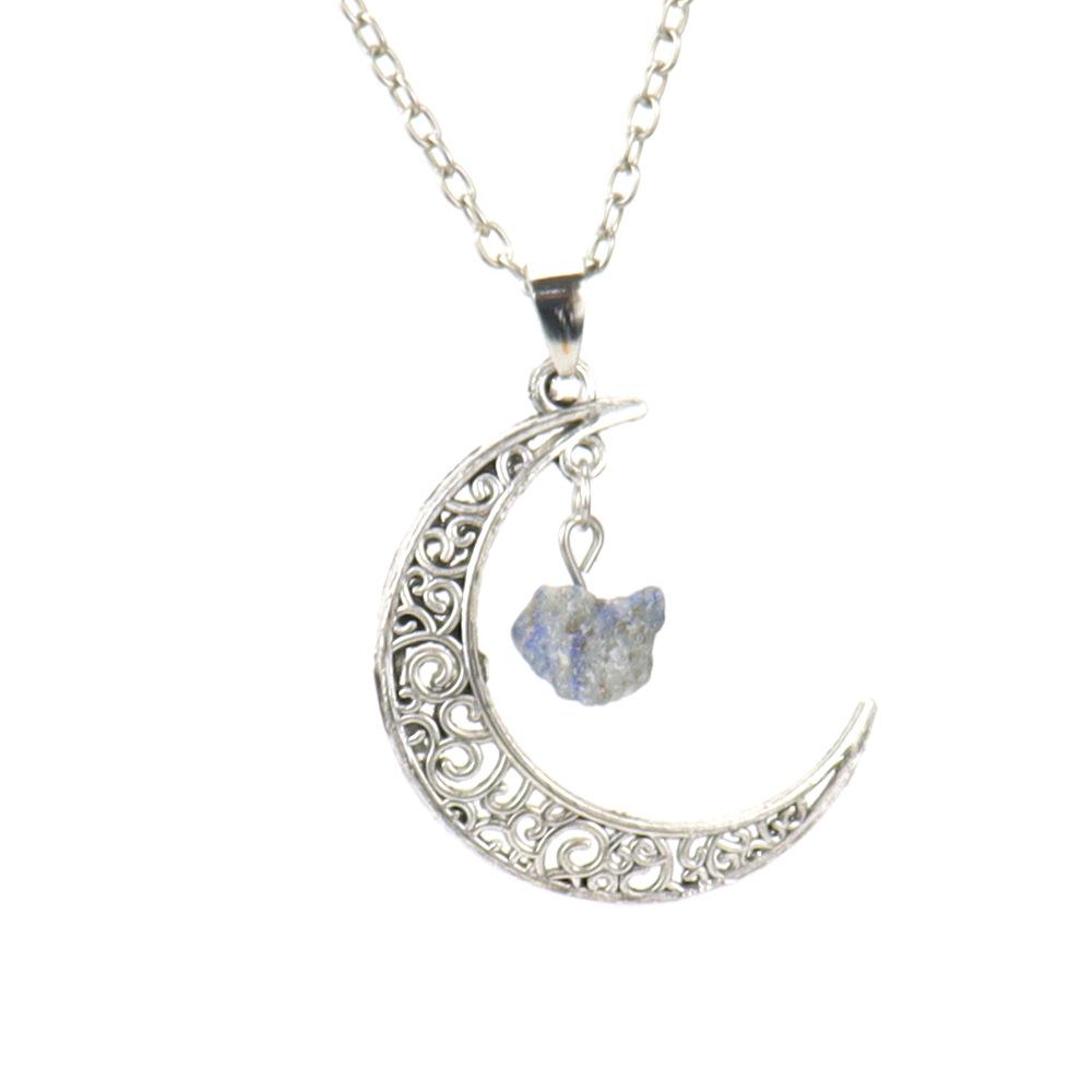 Hollow Moon Natural Rough Stone Crystal Pendant Necklace Amethyst Pendant Couple Necklace N597