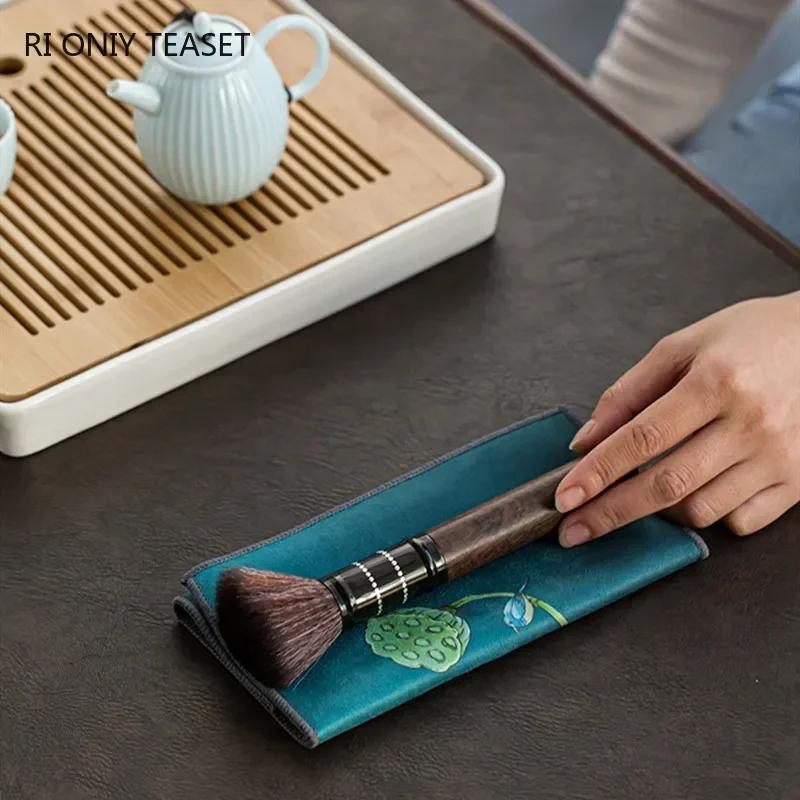 Chinese Painted Flower Pattern Thickened Tea Towel Plush Imitation Deerskin Absorbent Water Rag Tea Napkins Cloth Tea Ceremony