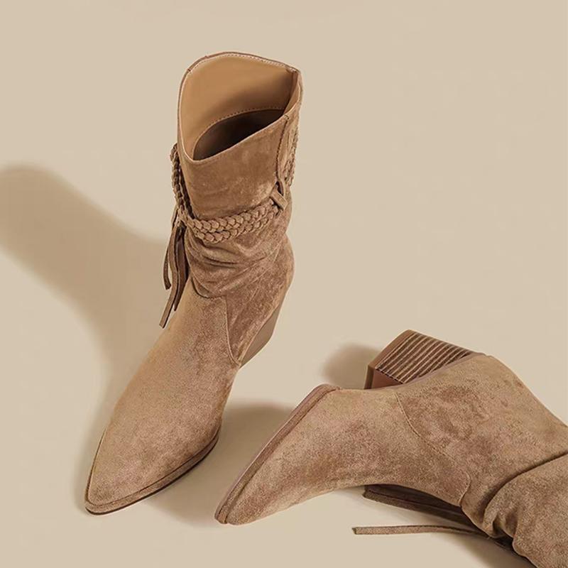 Fringe Women High Heels Boots Pointed Toe Heeled Shoes Winter Designer New Chunky Chelsea Boots Suede Shoes Mujer Botas