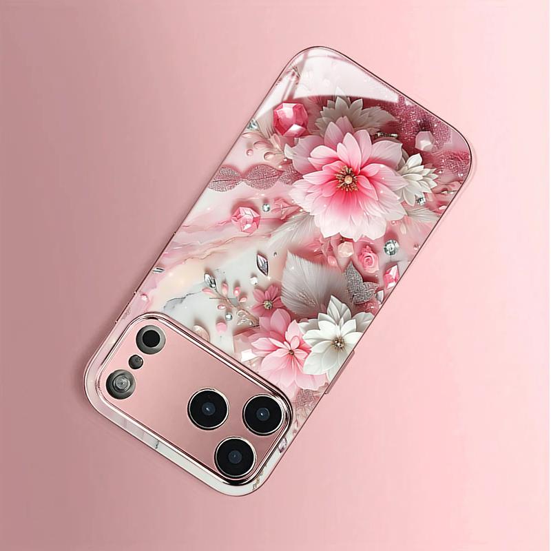 Pink Diamond Marble Flowers Tempered Glass Phone Case for iPhone 17 Pro Max 14 15 16 Plus 11 12 13 Pro Max 16E 17Air Hard Cover