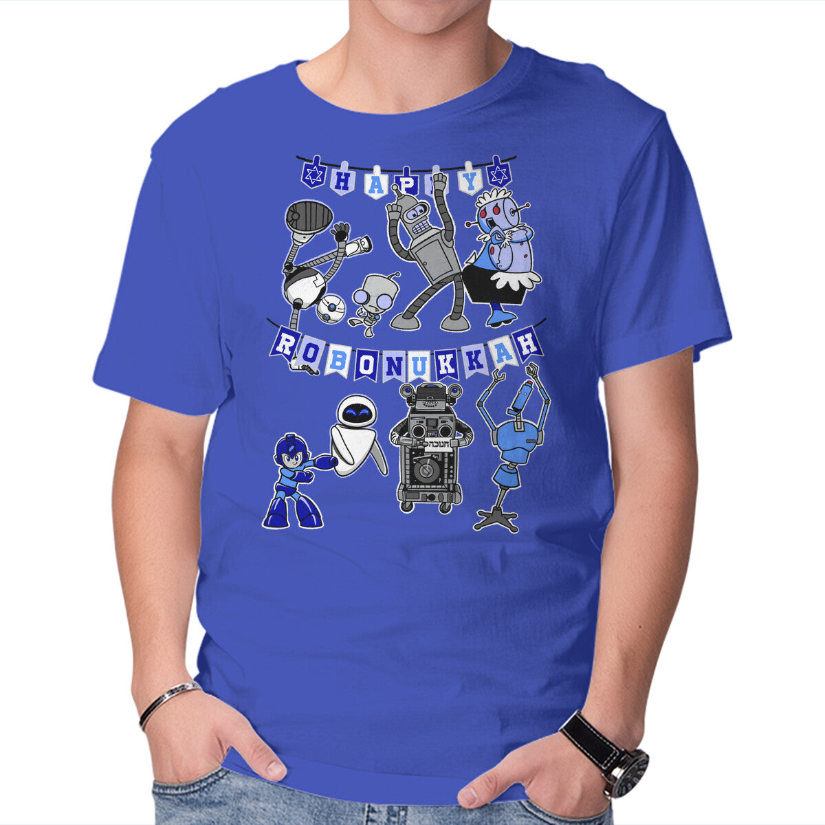 Unisex Crew Neck T-Shirt Happy Robonukkah Graphic Short Sleeve Casual Tee XXXXL