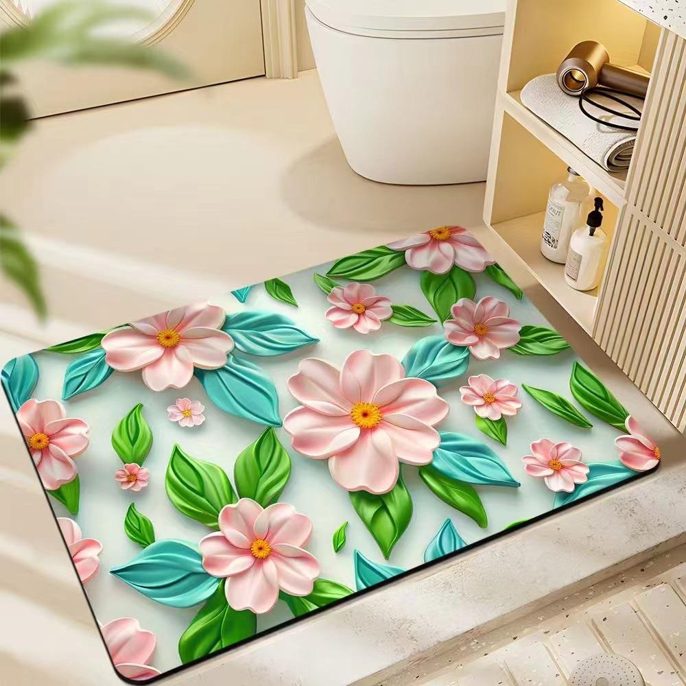 Colorful Flower Diatomaceous Earth Mat Absorbent Anti Slip Crystal Velvet Bathroom Drying Mat Floor Mat 40x60cm