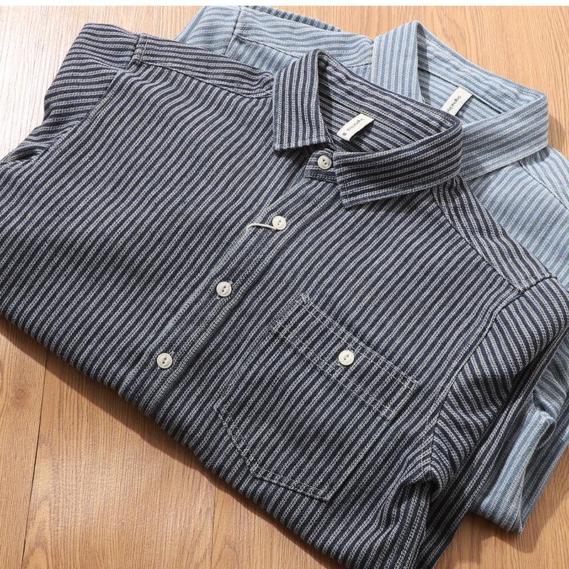 Men's American Retro Stripe Denim Shirt - Trendy Long Sleeve Jacket for Spring & Autumn