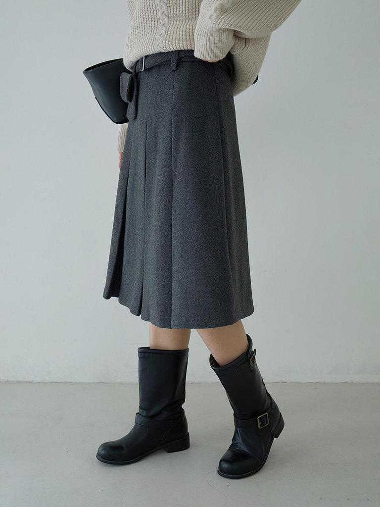 Ou Fan Women's Korean Style Pleated Wool Midi Skirt - High Waist A-line, Grey