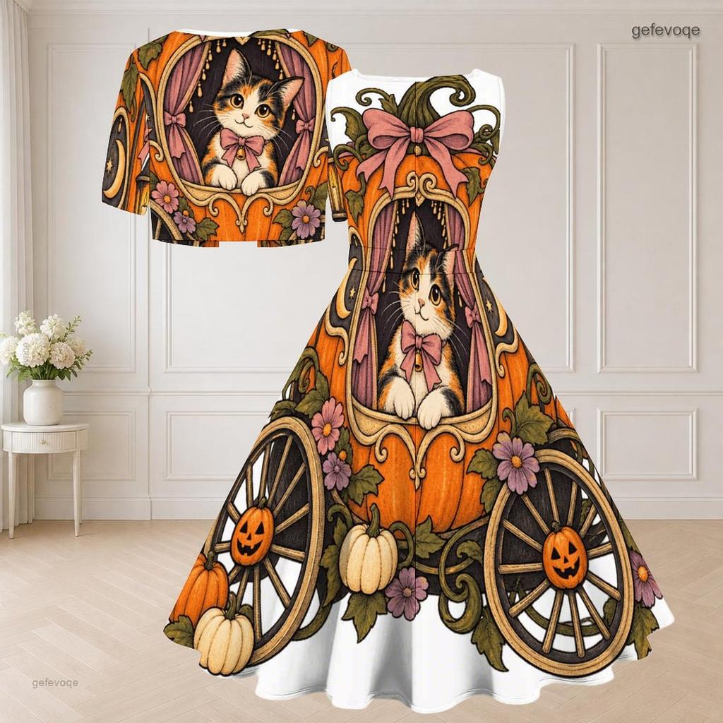 Women Plus Size Halloween Printed Two Piece Set Short Sleeve Cropped Shrug Sleeveless Square Neck Tie Waist Flared Dress