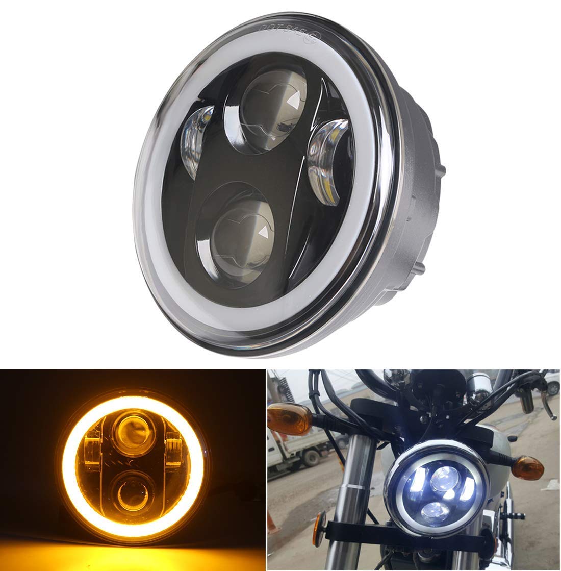 

LED Headlight with Squid DRL and Turn Signal Genuine Replacement for Harley and One Piece 5.75-inch Rings, Function, Hi/Lo Switch, Sportster, Dyna,