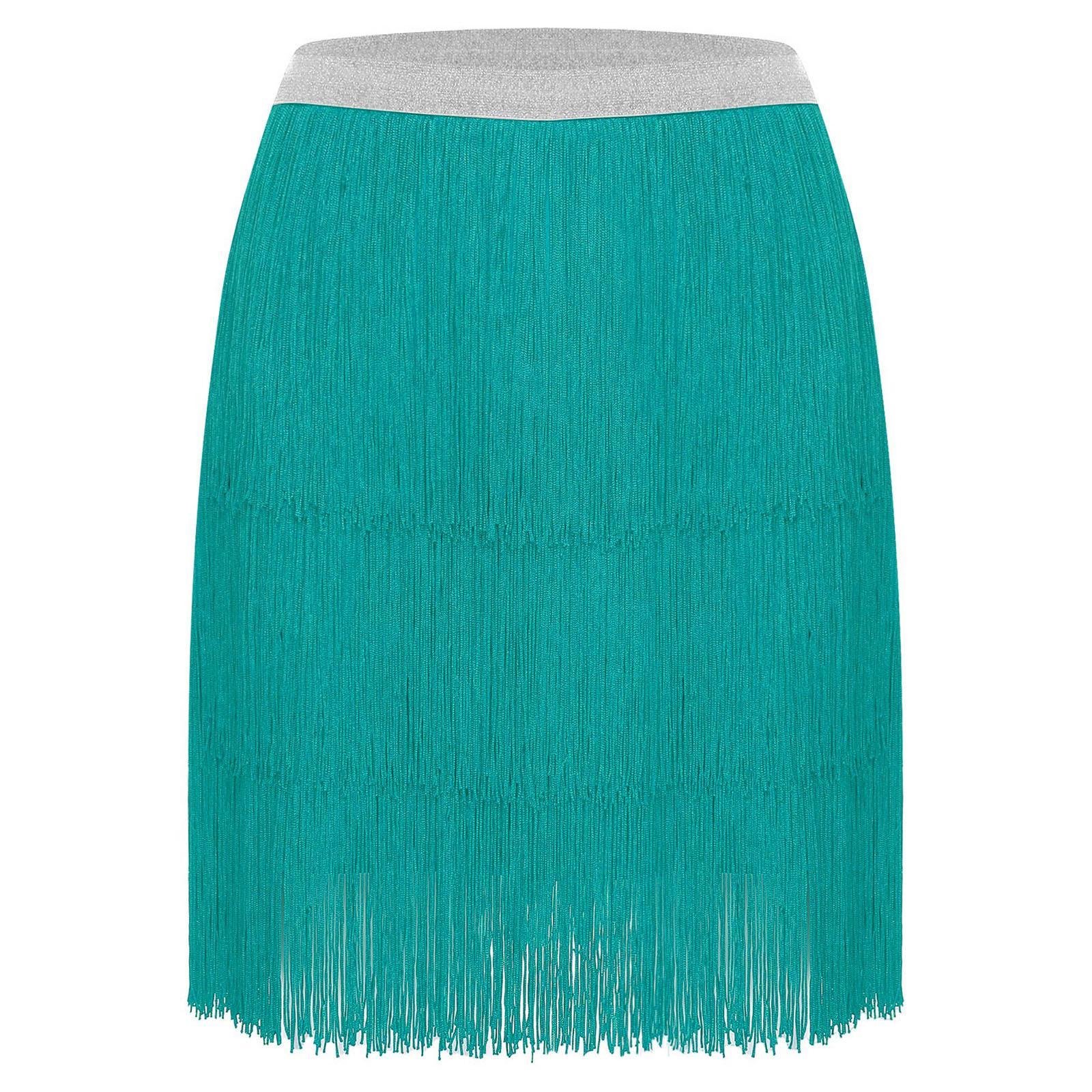 

Women Latin Dance Skirt Elastic Waist Tiered Ruffles Tassel Detail Salsa Tango Stage Performance Costume M бірюзовий