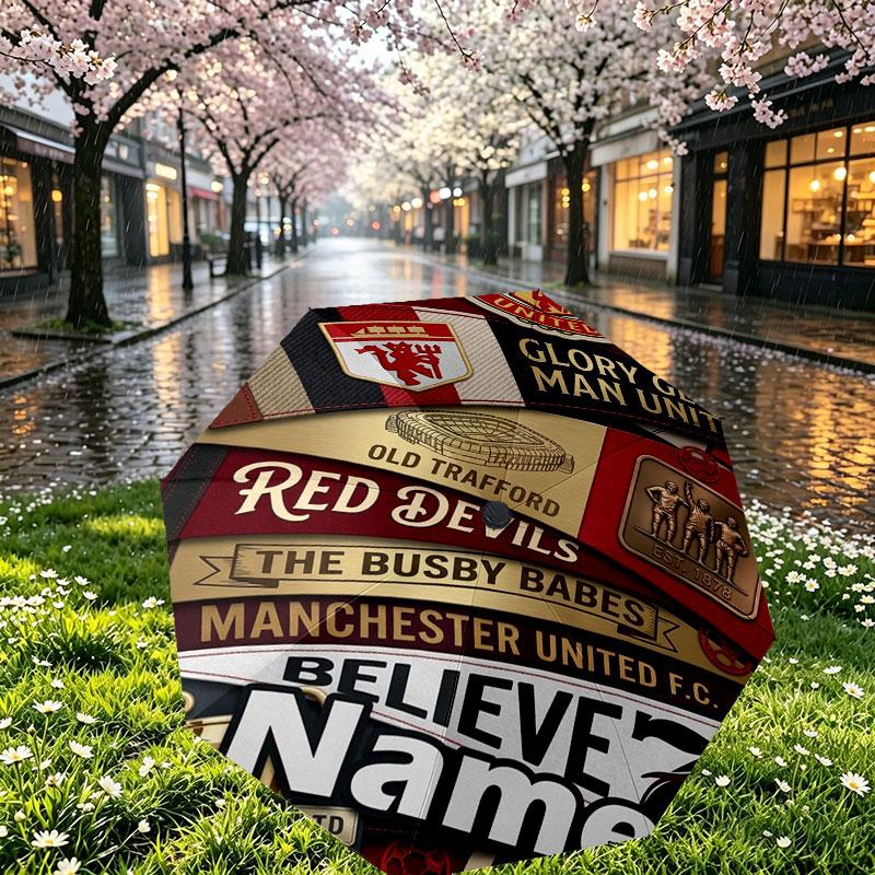 Custom Name Personalized Manchester United Print Umbrella, Auto Open Close, 8‑Rib Sturdy Frame, Commute Camping Hiking Use, Birthday Gift