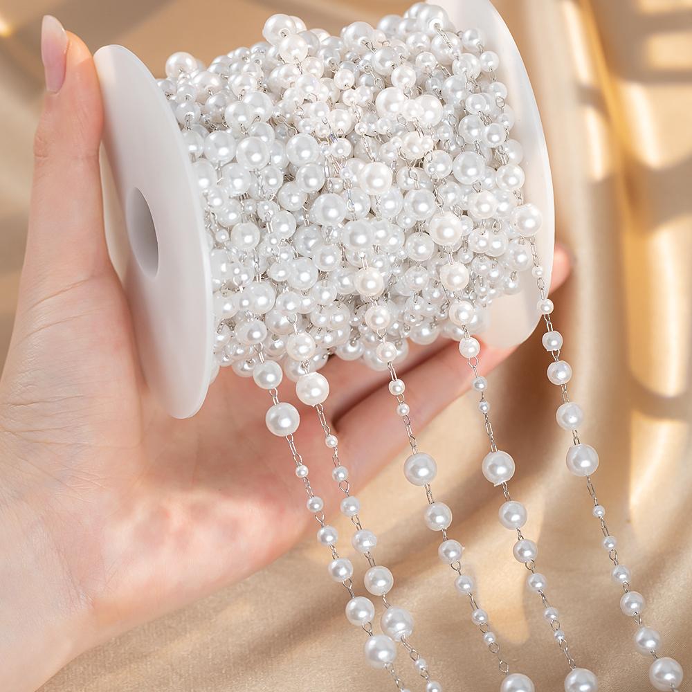 

0.5M 1M Imitation Pearl Ball Charm Beaded Chain Plastic White Waterdrop Beads Copper Chains Necklace Cloth DIY Jewelry Findings 0.5meter