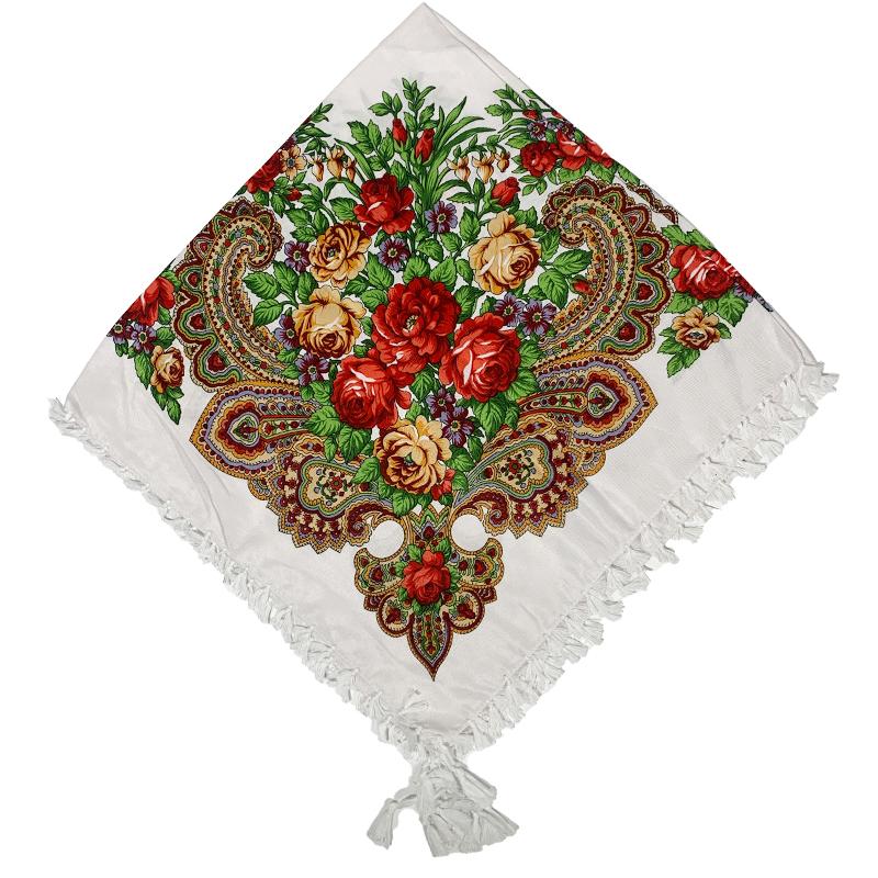 90*90cm Short Tassel Floral Print Russian Square Scarf Women Luxury Flower Printed Bandana Shawl Ukrainian Babushka Head Wraps