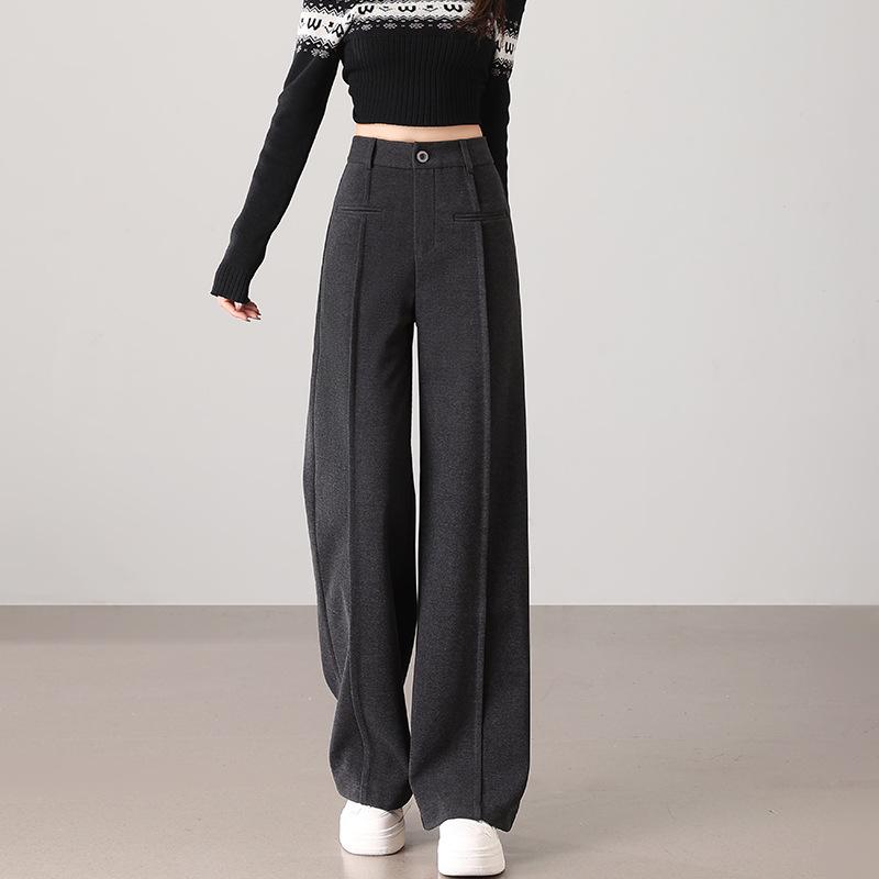 

2025 Autumn/Winter Women s Wool Blend High-Waisted Wide-Leg Trousers Extra Large темно-серого