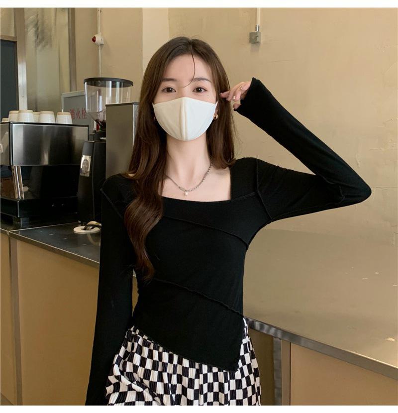6880# Slim-Fit Spicy Girl Irregular Top - Square Neck Long Sleeve T-shirt for Autumn/Winter