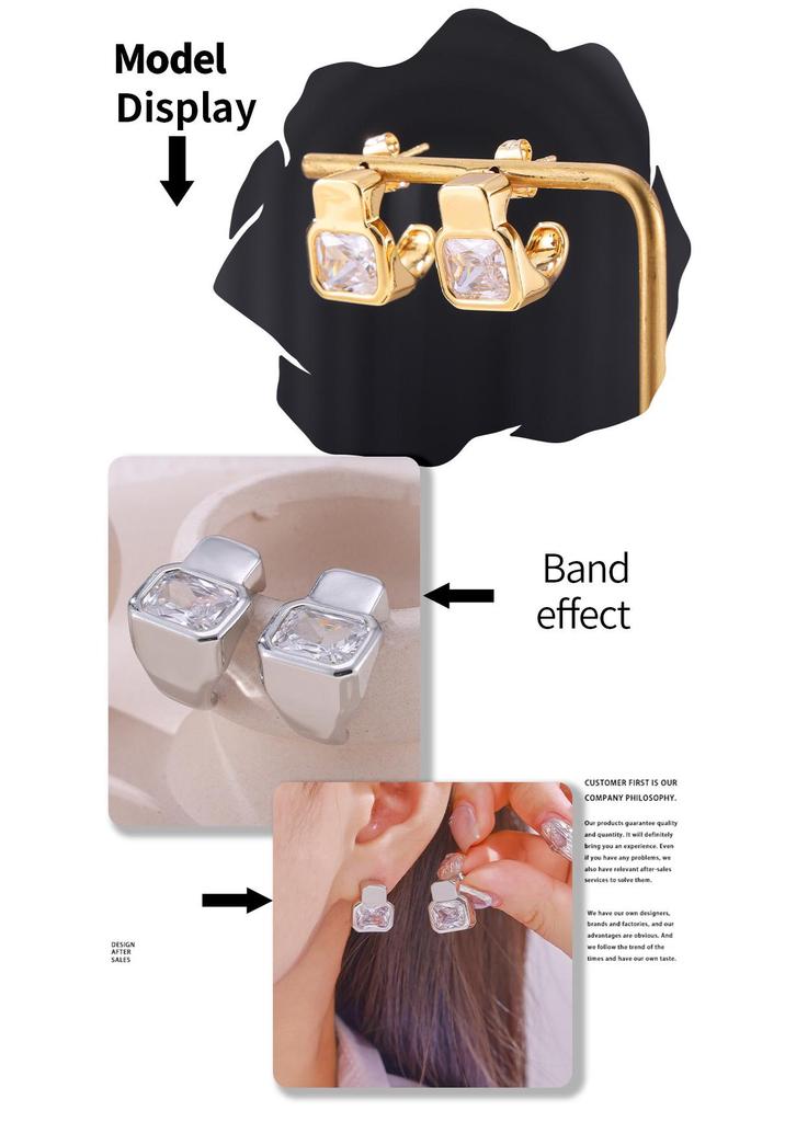 Hepburn-Inspired Geometric Diamond Earrings: Versatile, Fashionable, Light Luxury Copper with 18k Gold Plating