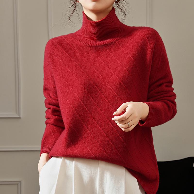 Women's High Neck Jacquard Wool Sweater - Thick, Loose Fit, Lazy Style