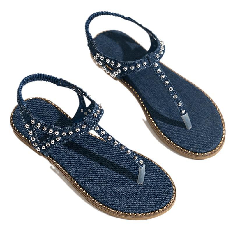 2026 Summer Bohemian Style Rivets Flat Bottom Clip Toes Herringbone Sandals Fashion Beach Plus Size Women Elegant Generous Shoes