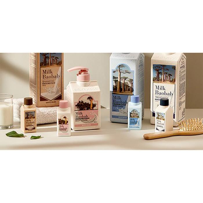 Milk Baobab White Musk Travel Kit – Shampoo, Treatment, Body Wash & Lotion Set, Korean