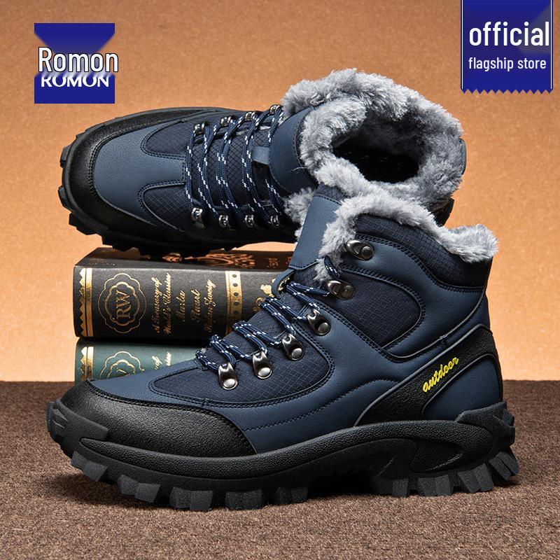 Men's Winter 2025 Snow Boots: New Style Leather & Fur, Velvet-Lined, Thickened Warm Genuine Leather, Cold-Resistant, Large Cotton Shoes