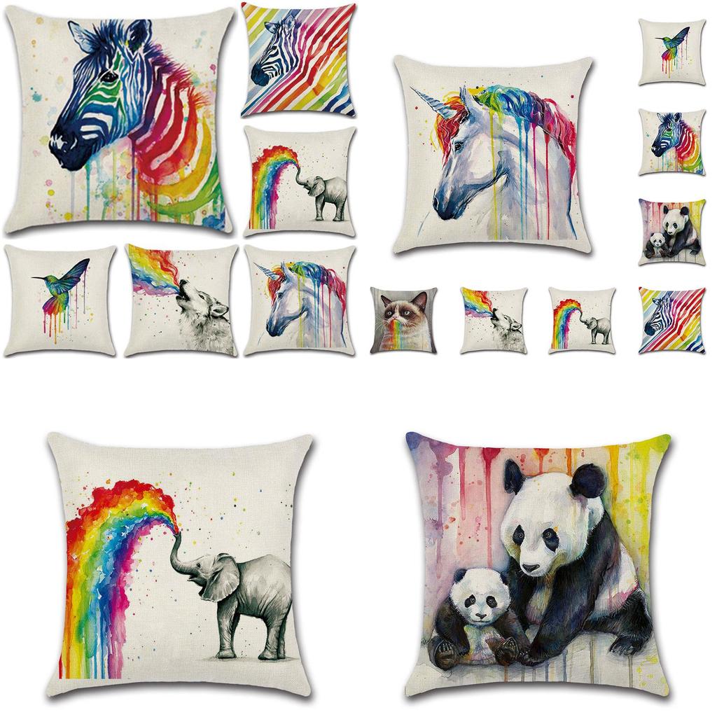 Versatile Cotton Linen Cushion Cover Featuring Cartoon Rainbow Animals For Stylish Decoration
