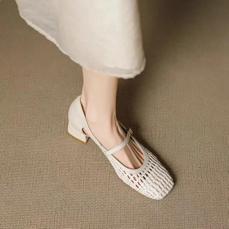 Fashion French Vintage Soft Leather Square Toe Woven Cutout Mary Jane Shoes Women's 2025 New Kitten Heel One Strap Single Shoes