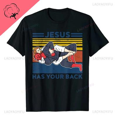 New Men's Jesus Has Your Back Graphic T-shirt Judo Jujitsu Street Cotton Tees Tops Harajuku Pattern Short Sleeve Retro T-shirt