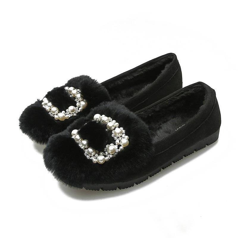 T23 autumn and winter low-top Doudou shoes real rabbit fur plush shoes shallow flat shoes cotton shoes women's large size