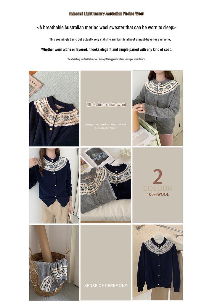 Women's Retro Color Block 100% Wool Cardigan - Round Neck Knit Jacquard Sweater for Autumn & Winter