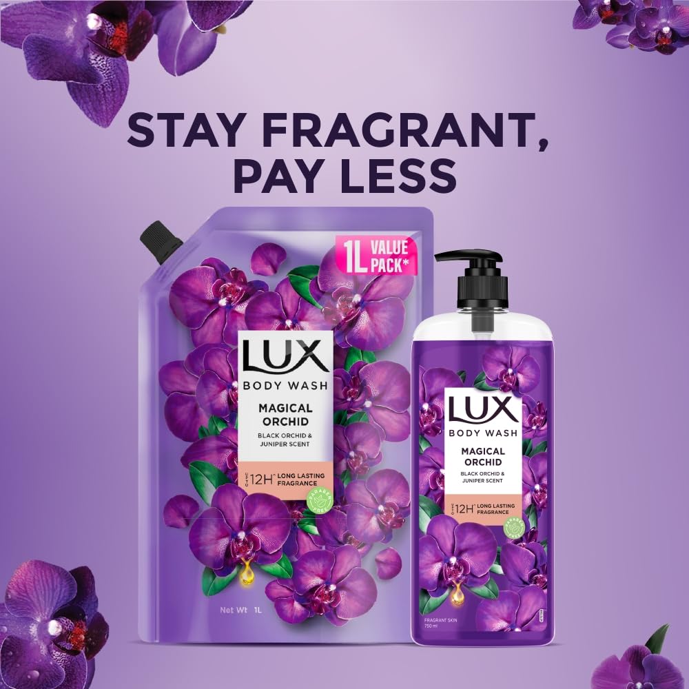 Lux Black Orchid & Juniper Oil Bodywash Refill Pack 1 Litre Soft Glowing Skin Paraben Free