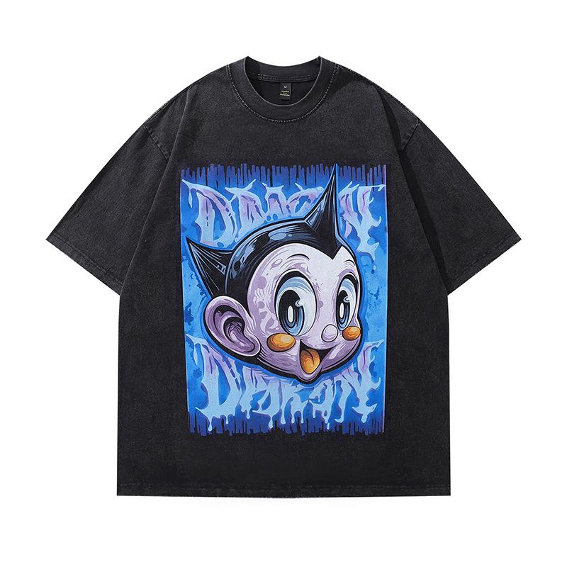 High Street Men'S T-Shirt Beauty Tide Vintage Cartoon Printing Washed Cotton Short Sleeve T-Shirt Men