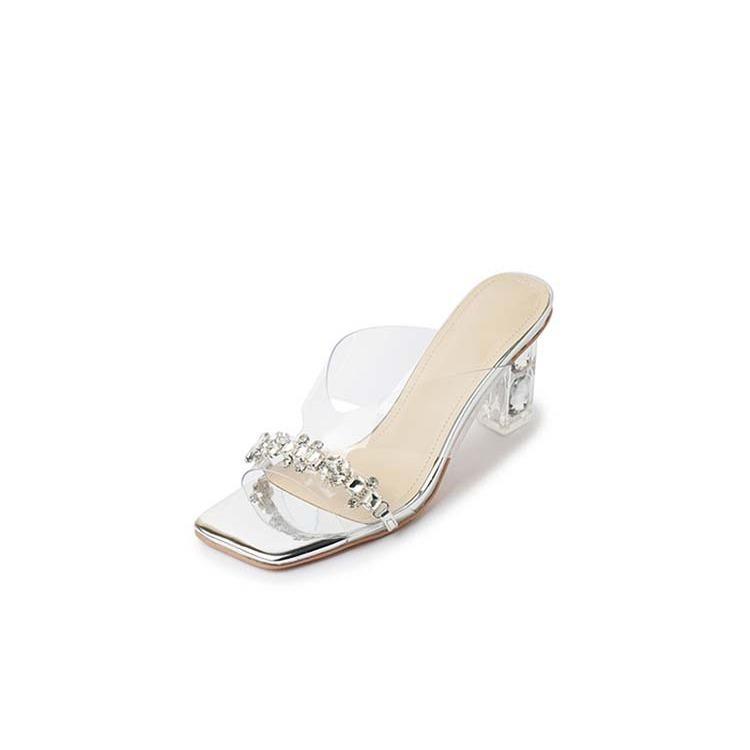 Fairy Style High Heel Transparent Cool Slippers Outer Wear Square Head Summer Beautiful Sandals Women's 2025 New