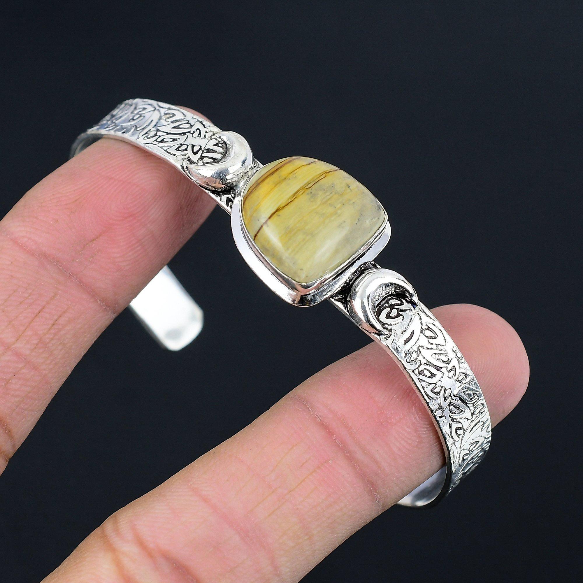 

Natural Landscape Jasper Trendy Crescent Moon Elegant Bangle 925 Sterling Silver Adjustable