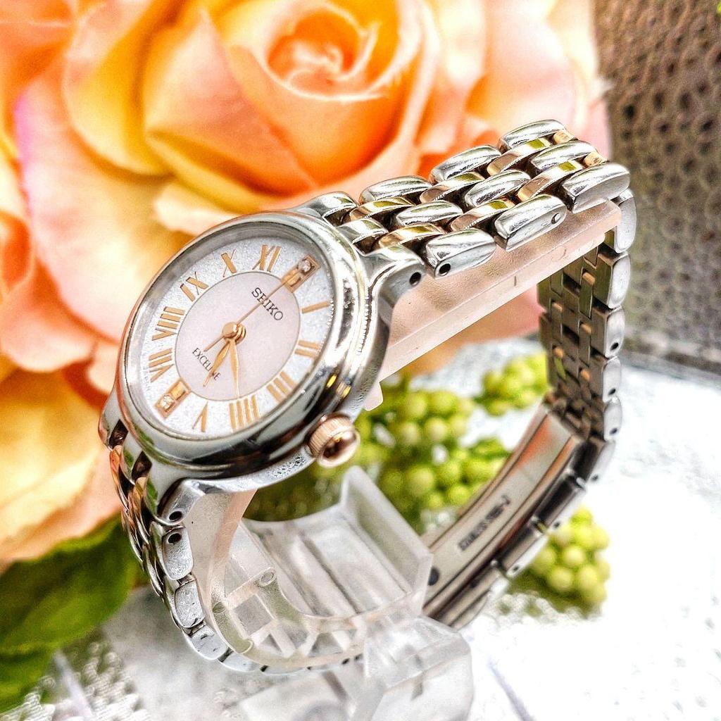 [USED] Seiko Exceline 2-piece diamond watch with box, instruction manual and links, solar-powered