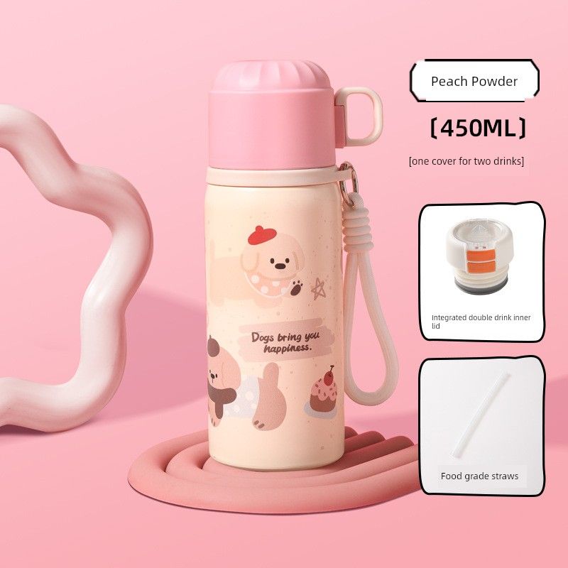 

Large Capacity Thermos Cup 316 Stainless Steel Water Bottle for Girls, High Aesthetic Straw Water Bottle, Desktop Handle Cup Peach Powder (Double Drink Version) 450ml