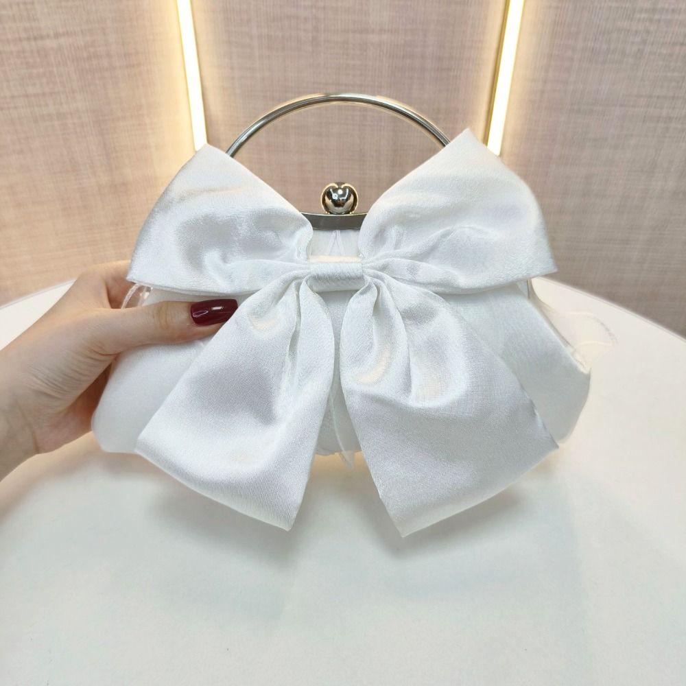 Metal Handle Bridal Clutch Bag Satin Bow Wedding Purse Luxury Bow Evening Handbag  Women