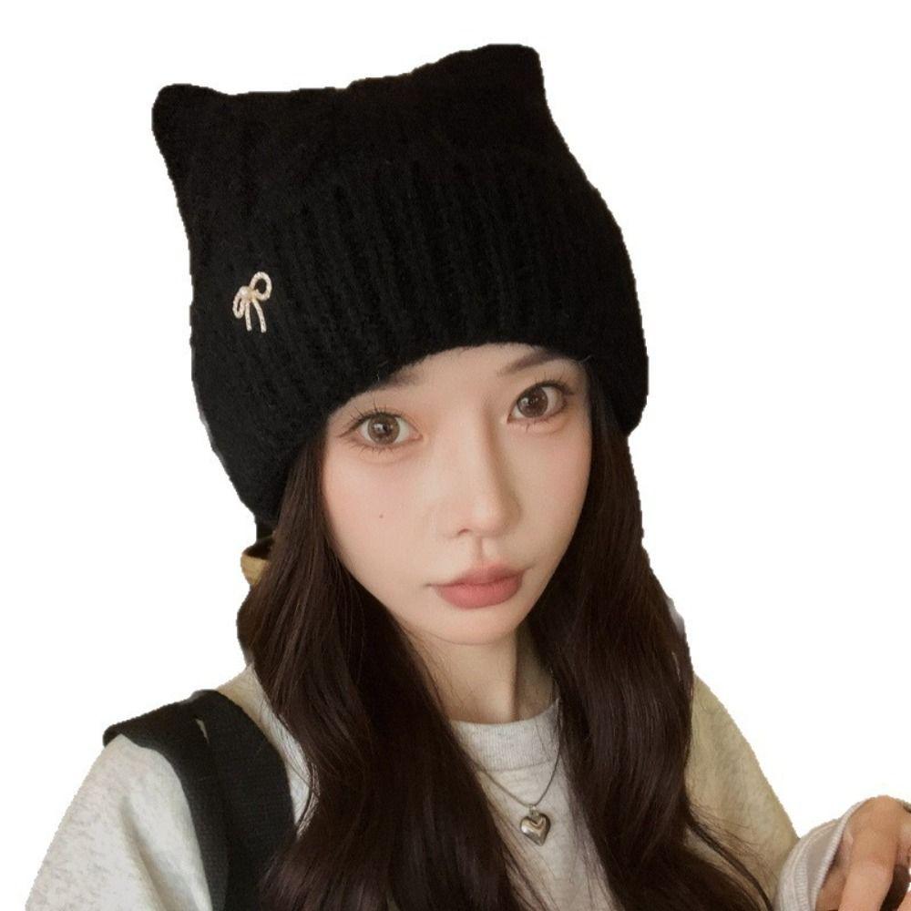 Japanese  Style Woolen Knitted Hat Solid Color Women Beanie Hat Cat Ears Pullover Hat  Girls