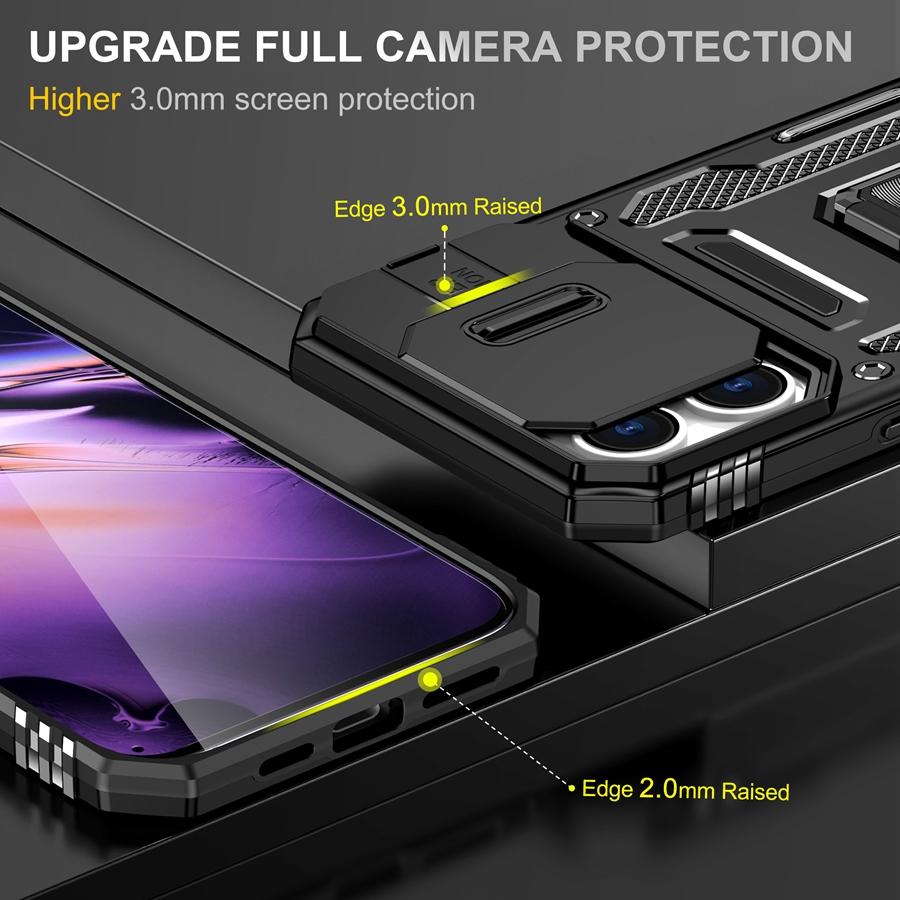 Military-Grade Armor Phone Case with Slide Camera Cover & 360° Rotating Magnetic Stand for iPhone 16 15 14 13 Shockproof Hybrid Car Mount Compatible