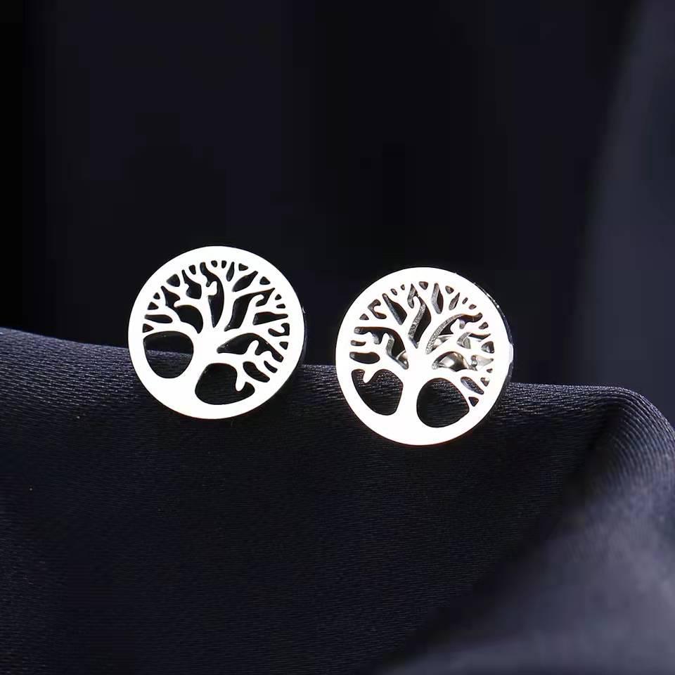 Women's Titanium Steel Tree of Life Dangle Earrings - 18K Gold, European & American Fashion Jewelry.
