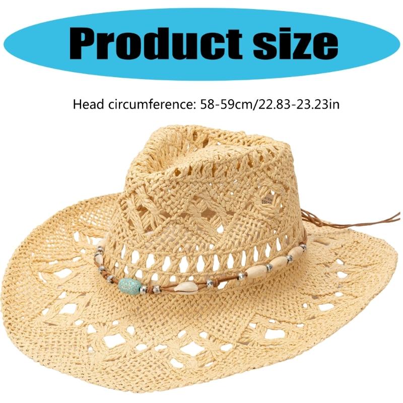 Handmade Sun Hat Hollowout Sun Protective Hat Wide Brims Hat with Bead Band Vacation Sun Straw Hat Photography Headpiece