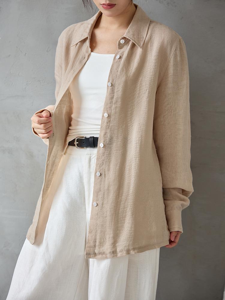 Autumn Women's Pure Linen Relaxed Shirt Jacket - Loose, Long Sleeve, Simple Cardigan