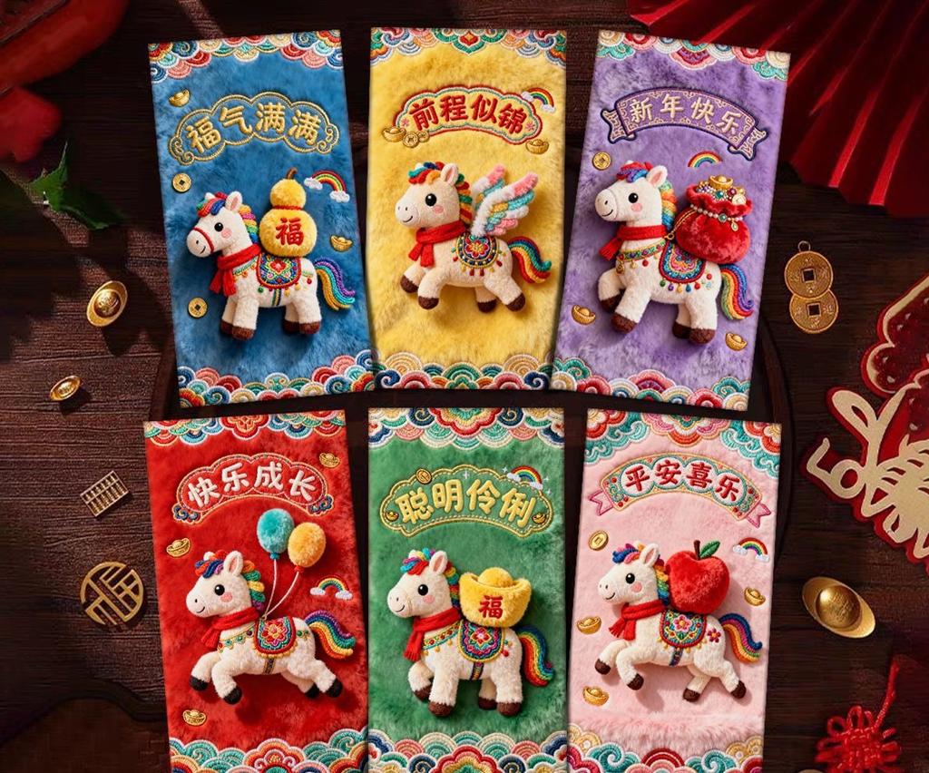 2026 Year of The Horse 5D Visual Effect Embroidered Red Packet Creative and Practical Home Décor for Lunar New Year Celebrations
