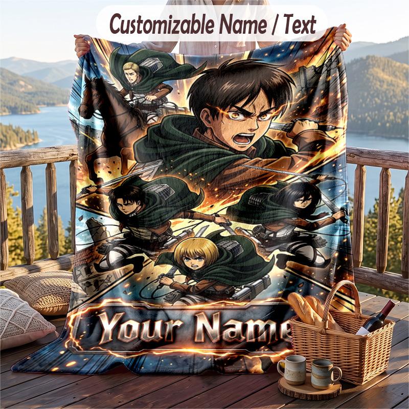Personalized Flannel Throw Blanket,Attack On Titan Custom Printed Name, Cozy Plush Blanket For Home Use