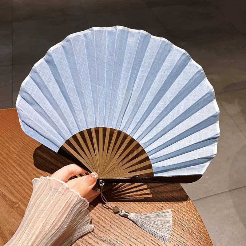 Pure Color Shell Fan Chinese Ancient Style Cotton and Linen Fan Minimalist Fresh Folding Fan Retro Portable Female for Cheongsam Summer Cool Fan